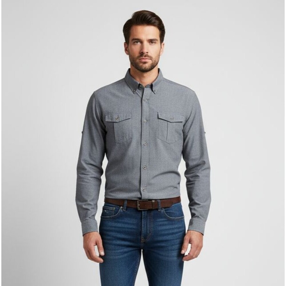 prAna Button-Up Shirt Men XXL Gray Long Sleeve 2 Chest Pockets Nylon Blend
